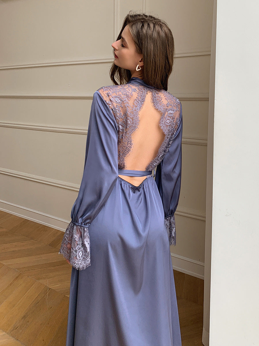 Dusty Blue Satin Chiffon Maxi Robe