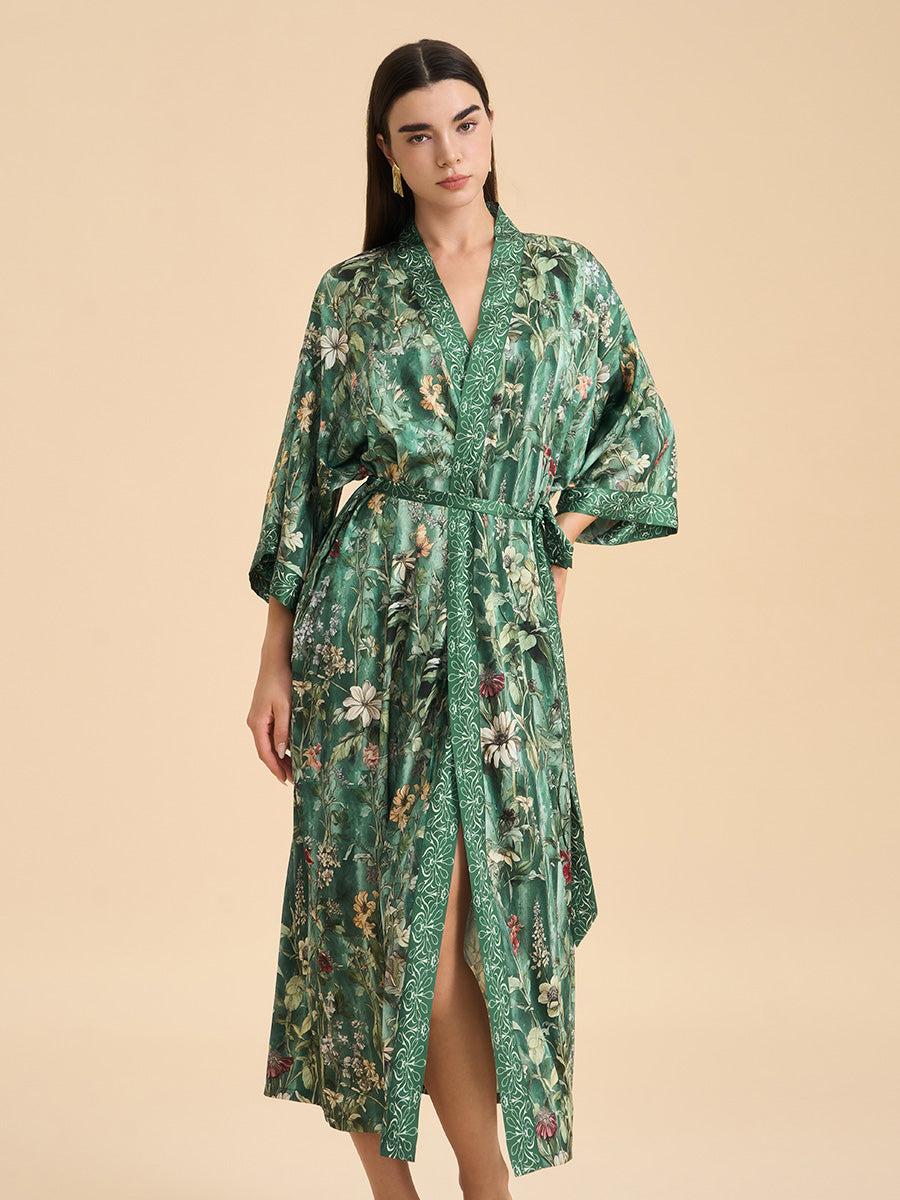 Botanical Print Satin Kimono Robe