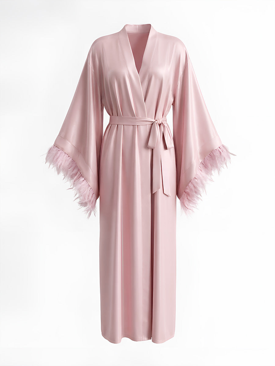 Blush Pink Satin Maxi Robe with Oversized Feather Cuffs