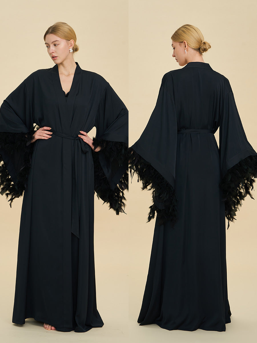Black Satin Maxi Robe with Oversized Feather Cuffs