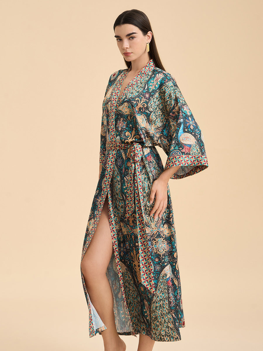 Peacock Print Satin Kimono Robe
