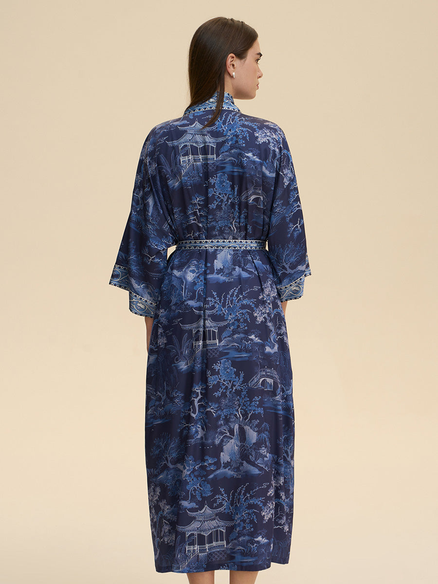 Blue Willow Landscape Satin Kimono Robe