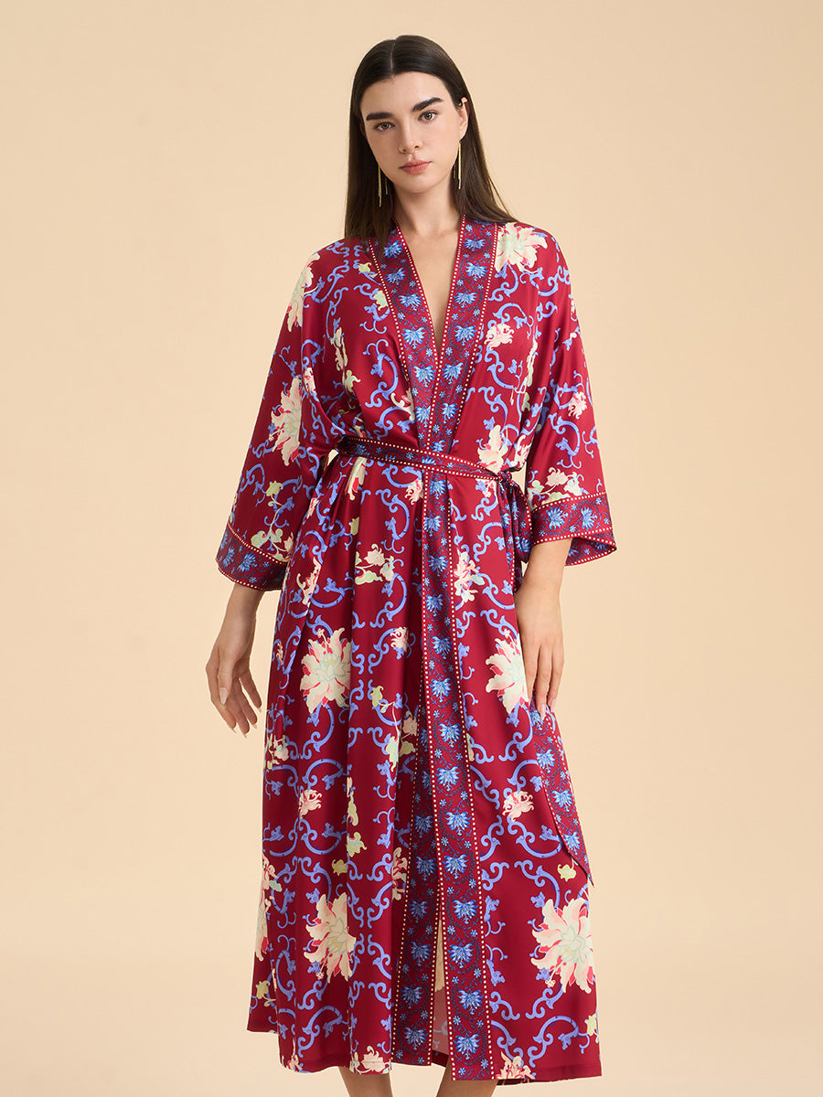Crimson Floral Satin Kimono Robe