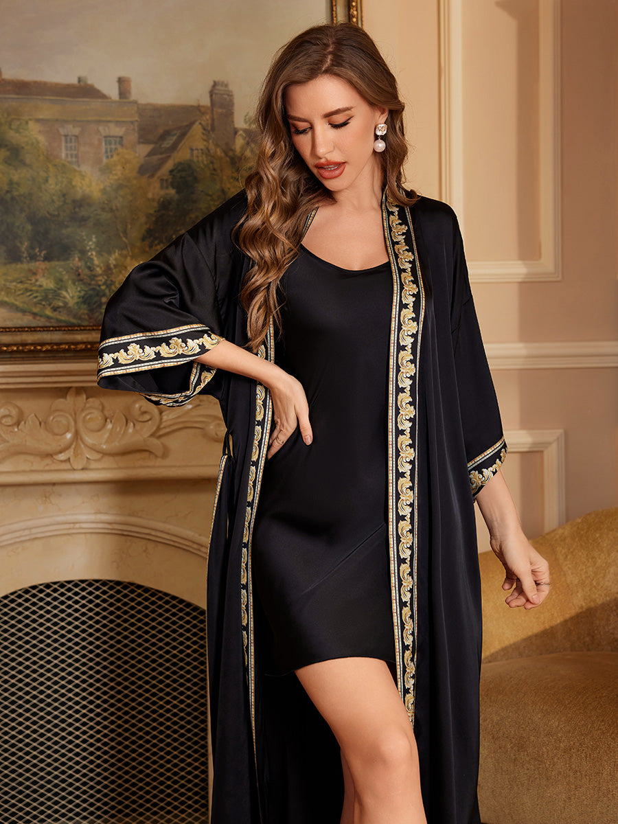 Black Trim Satin Chiffon Kimono Robe