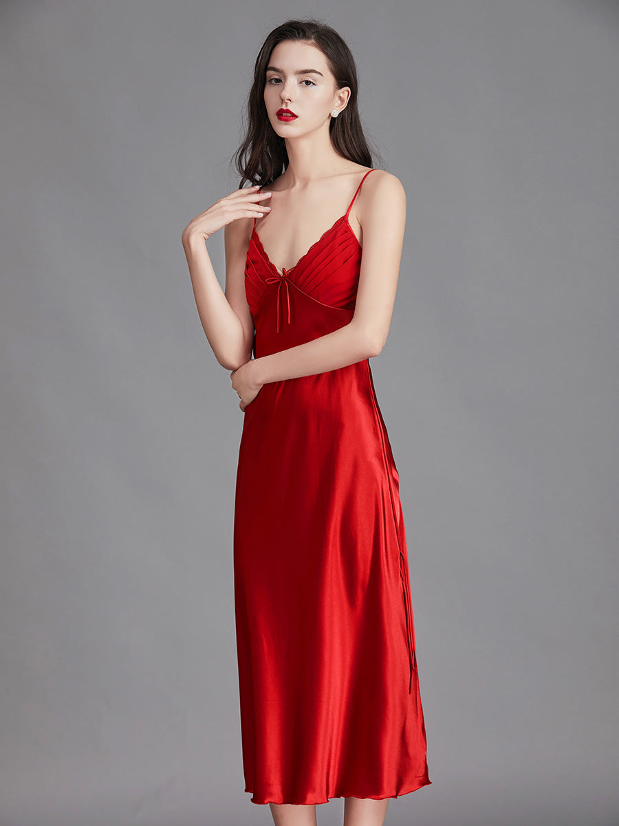 Red Silky Lace Trim Slip Dress