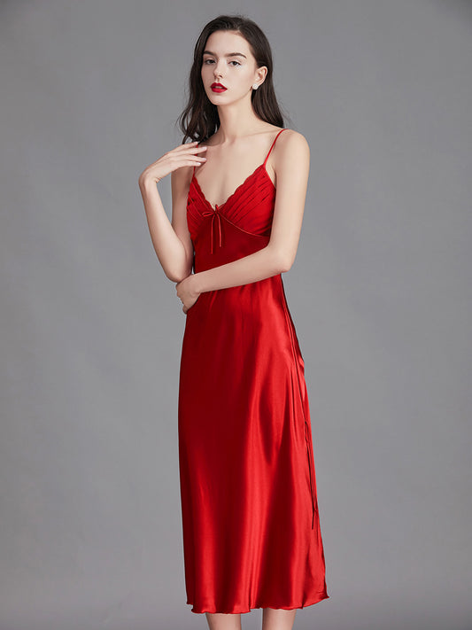 Red Silky Lace Trim Slip Dress