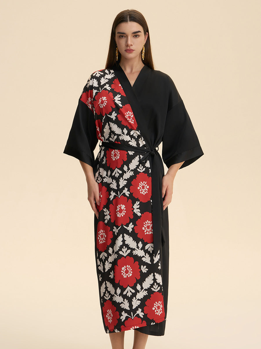 Bold Floral Colorblock Satin Kimono Robe