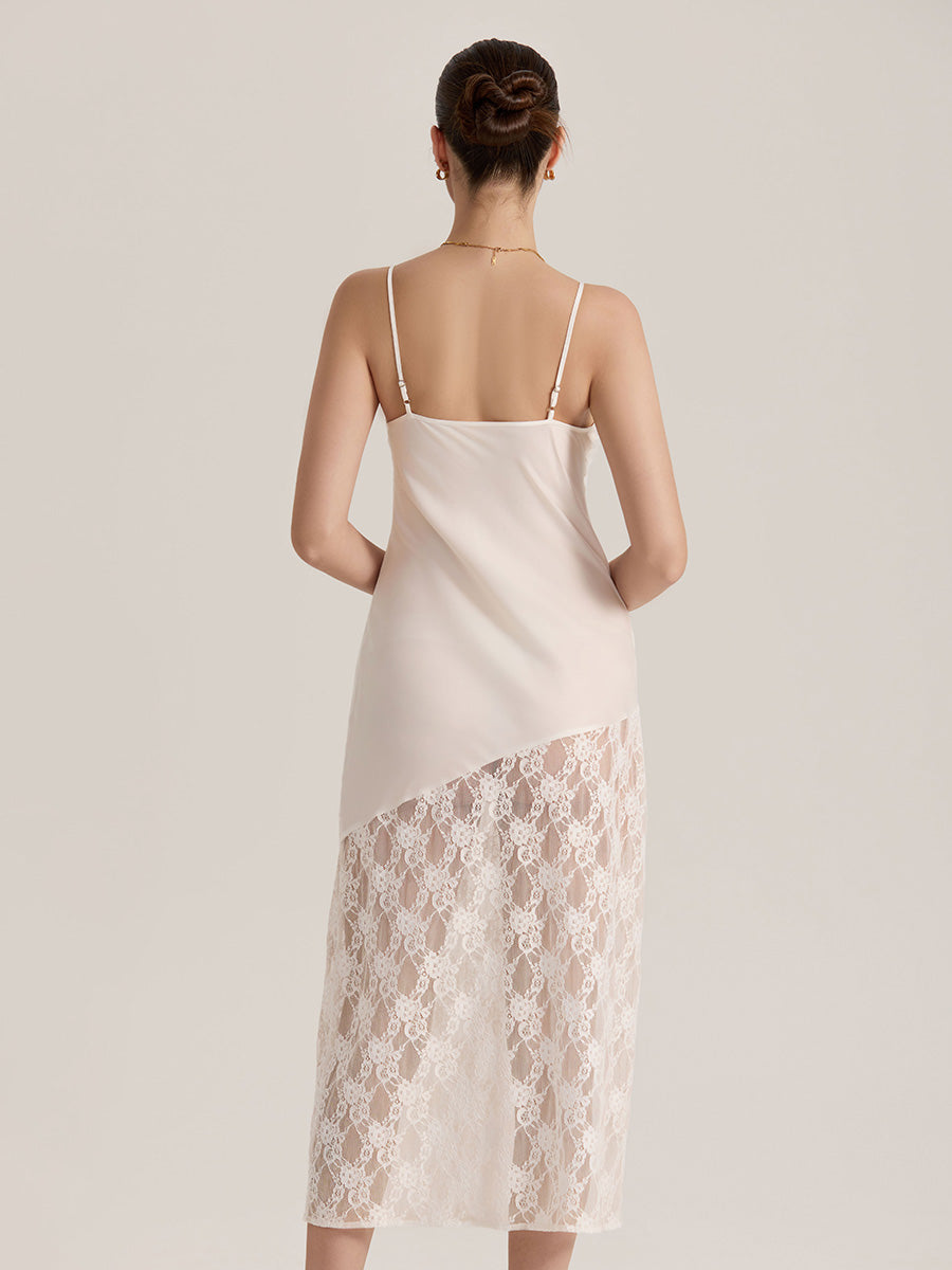 Ivory Lace Panel Satin Midi Slip Dress