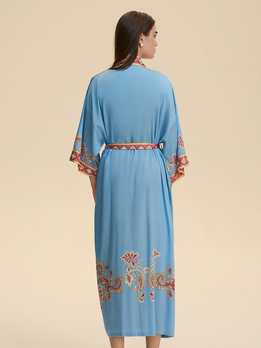 Sky Blue Paisley Satin Kimono Robe