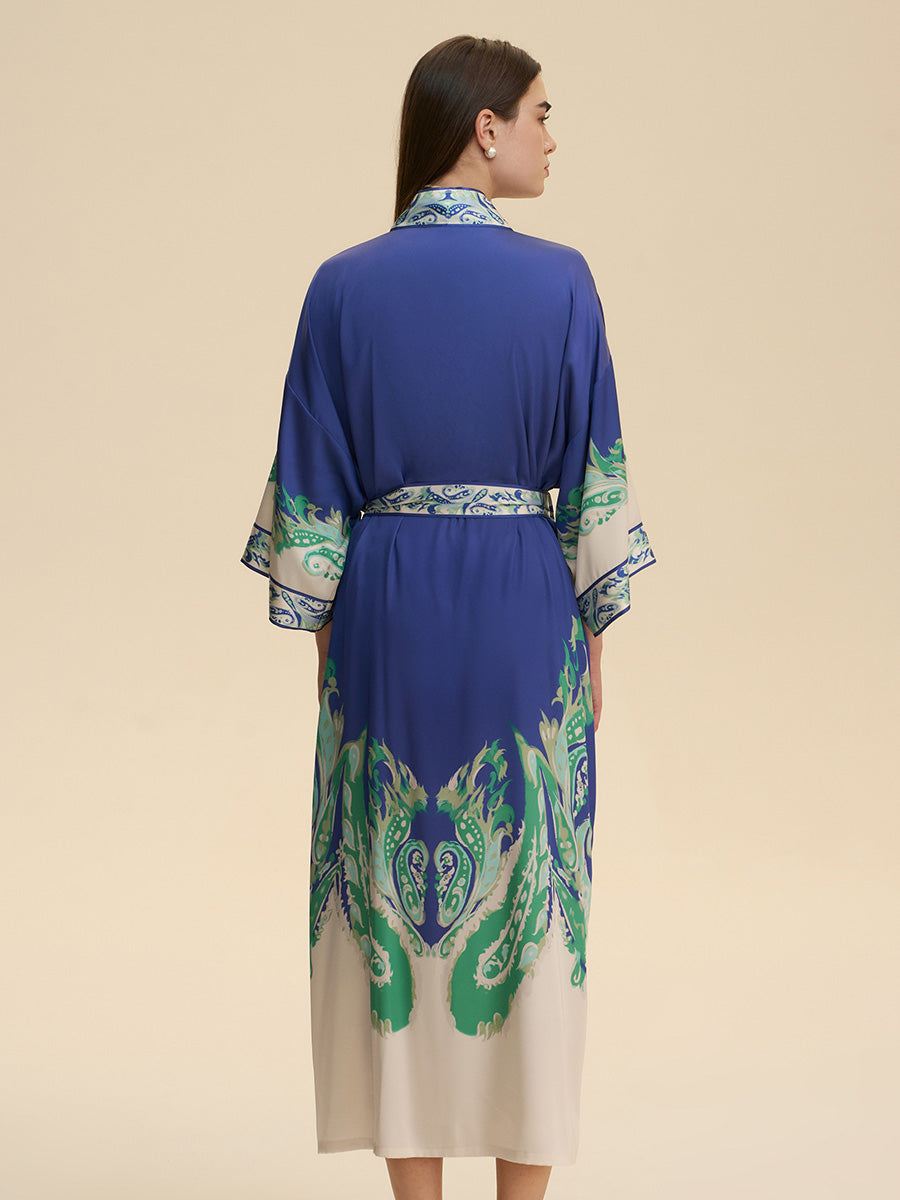 Royal Blue Paisley Satin Kimono Robe