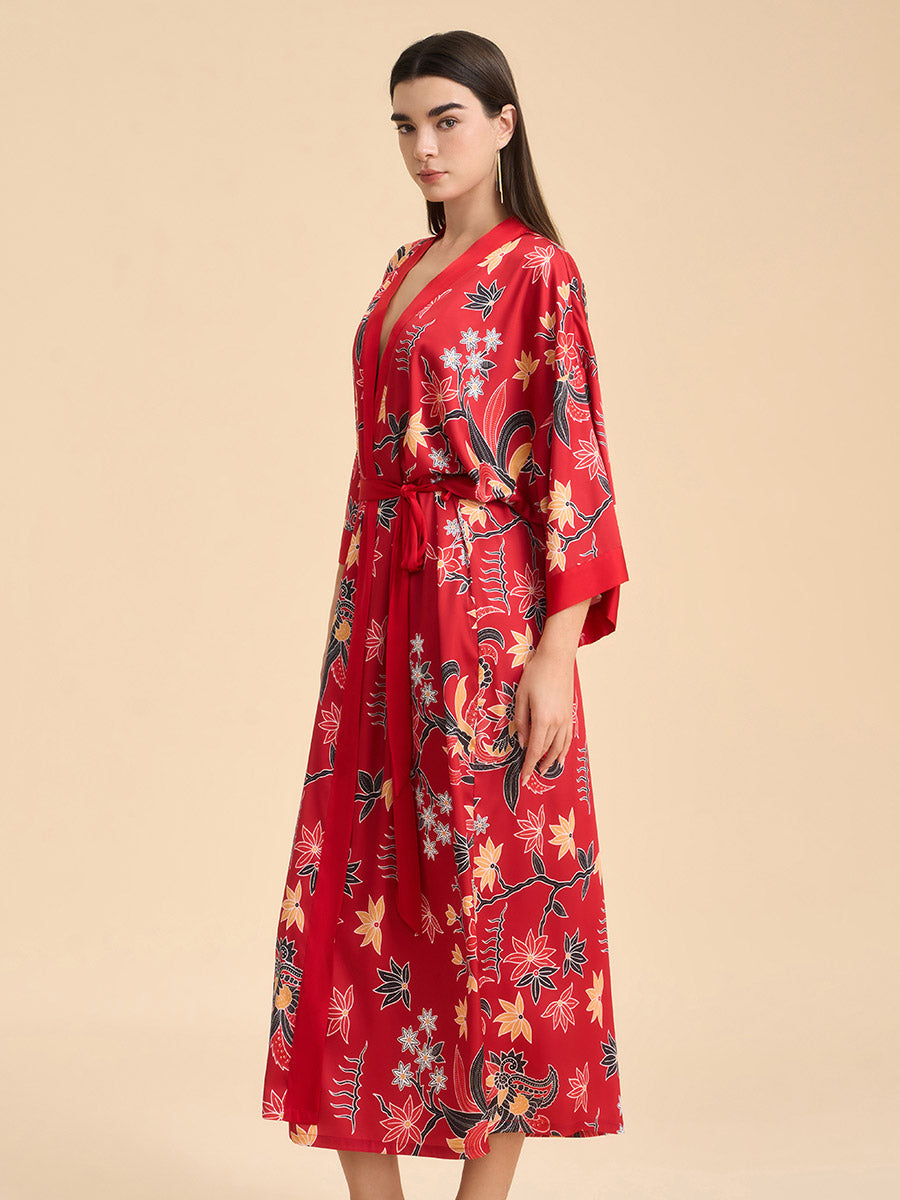Oriental Floral Satin Kimono Robe
