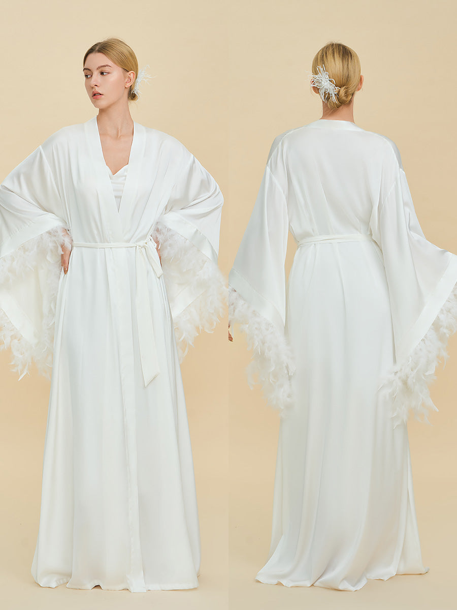 White Satin Maxi Robe with Oversized Feather Cuffs