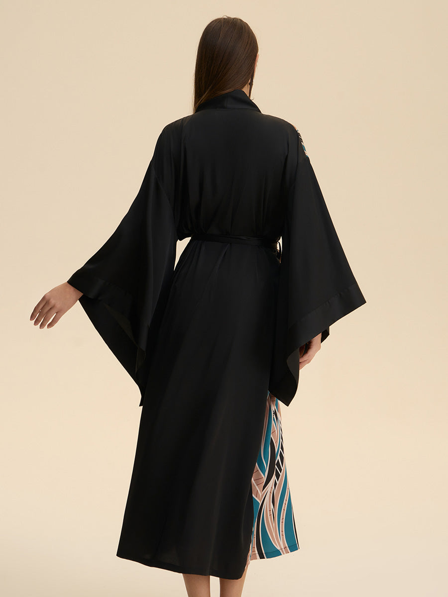 Black Abstract Wave Print Satin Kimono Robe