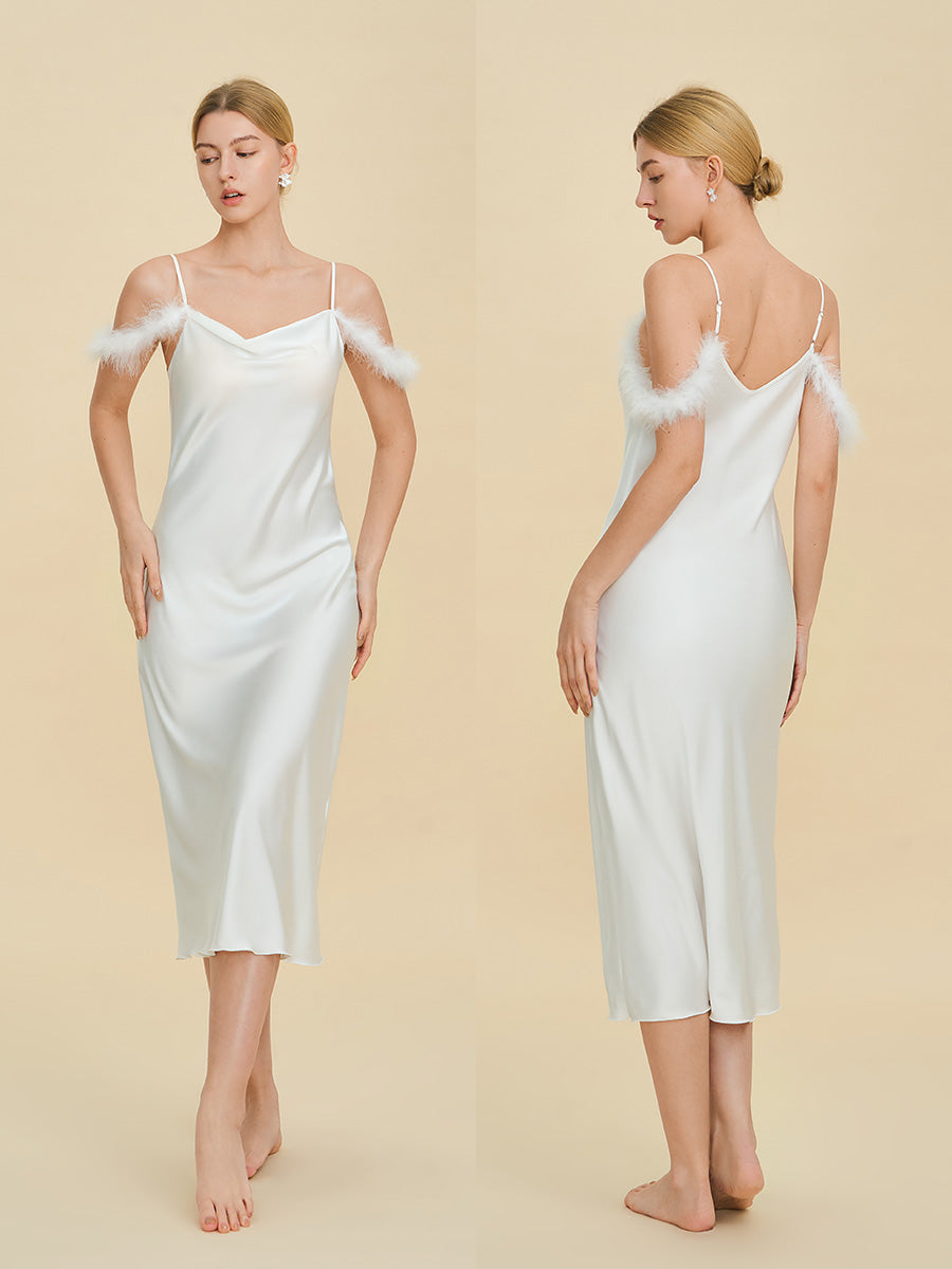 White Satin Midi Slip Dress with Feather Trim