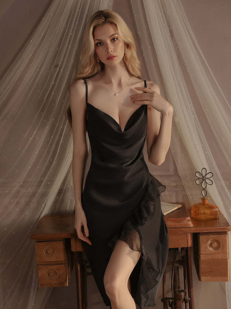Black Feather Trim Luxury Satin Nightgown Set
