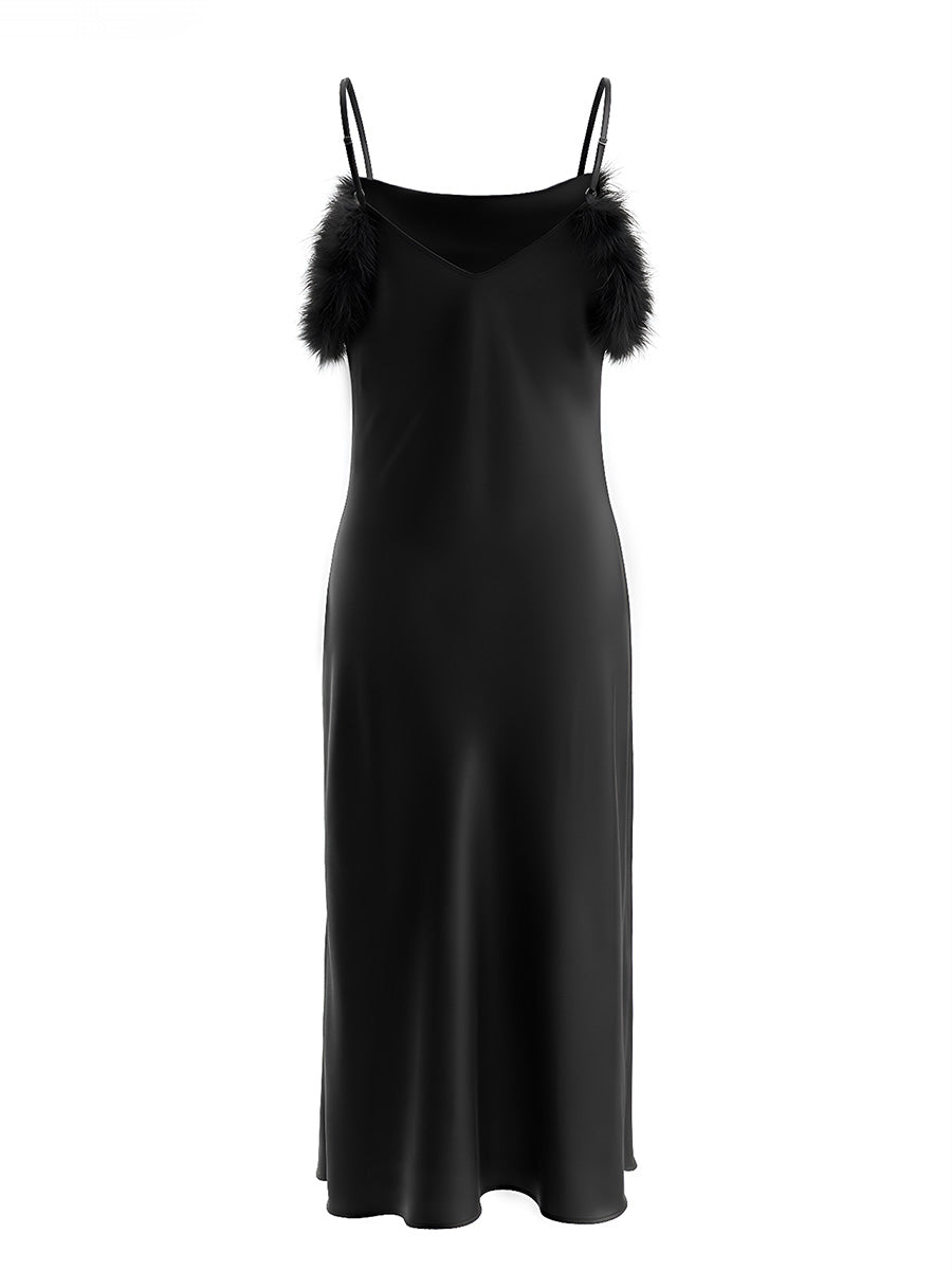 Black Satin Midi Slip Dress with Feather Trim