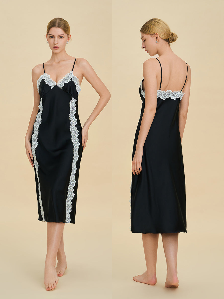Black Satin Midi Slip Dress with Contrast Lace Trim