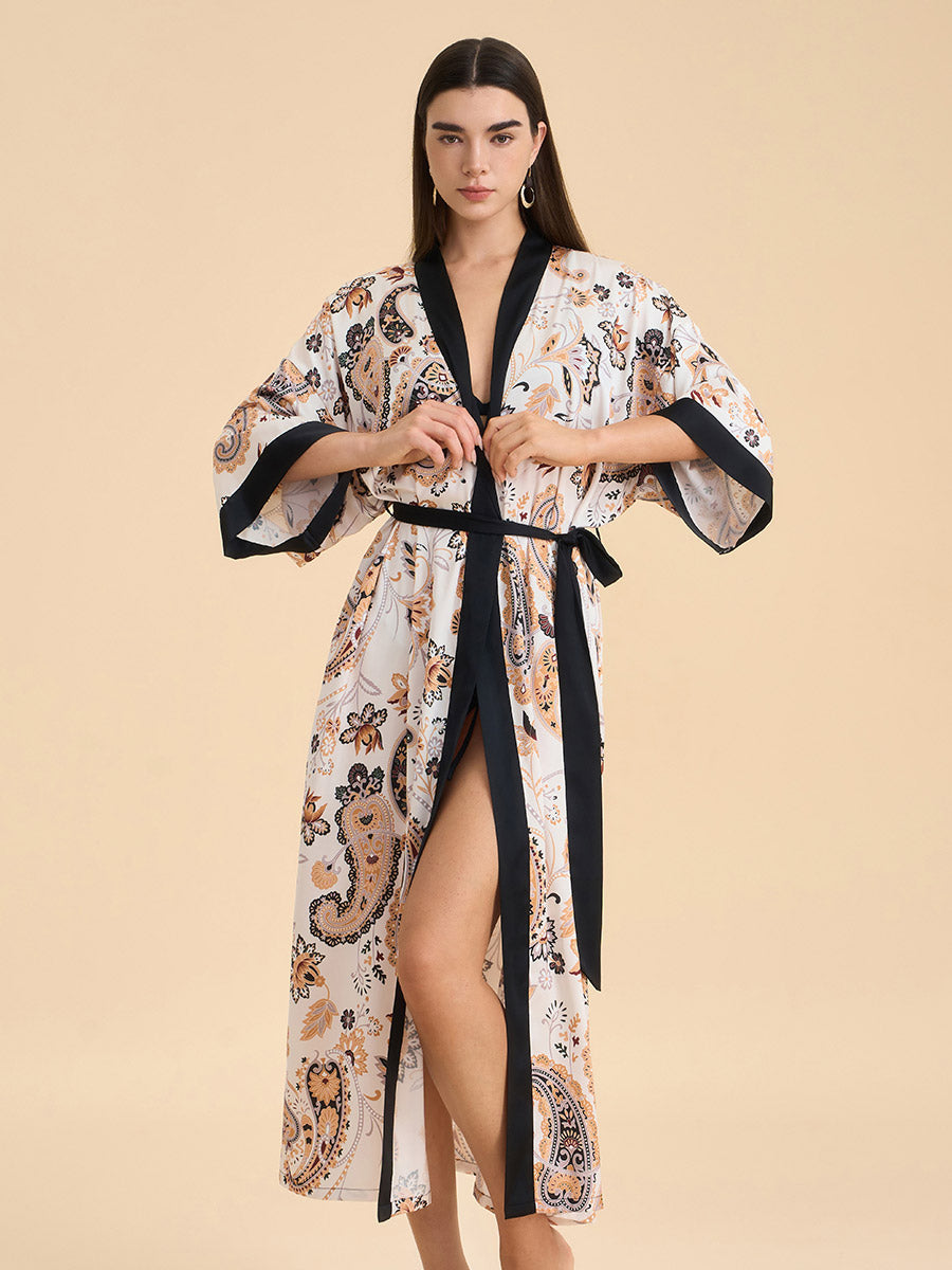 Paisley Print Satin Kimono Robe