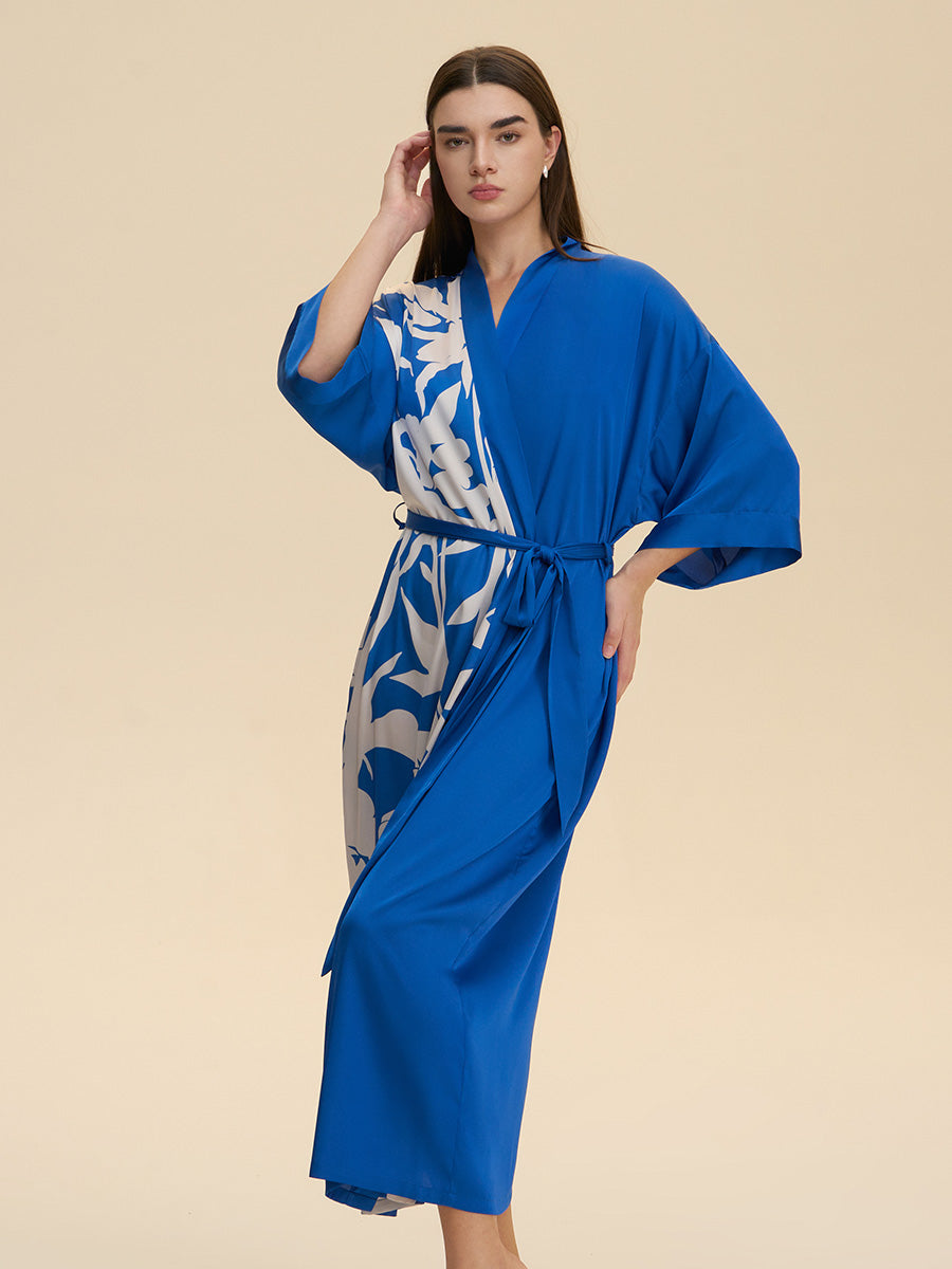 Colorblock Floral Satin Kimono Robe