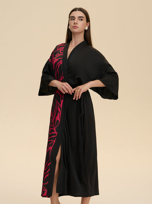 Colorblock Botanical Satin Kimono Robe
