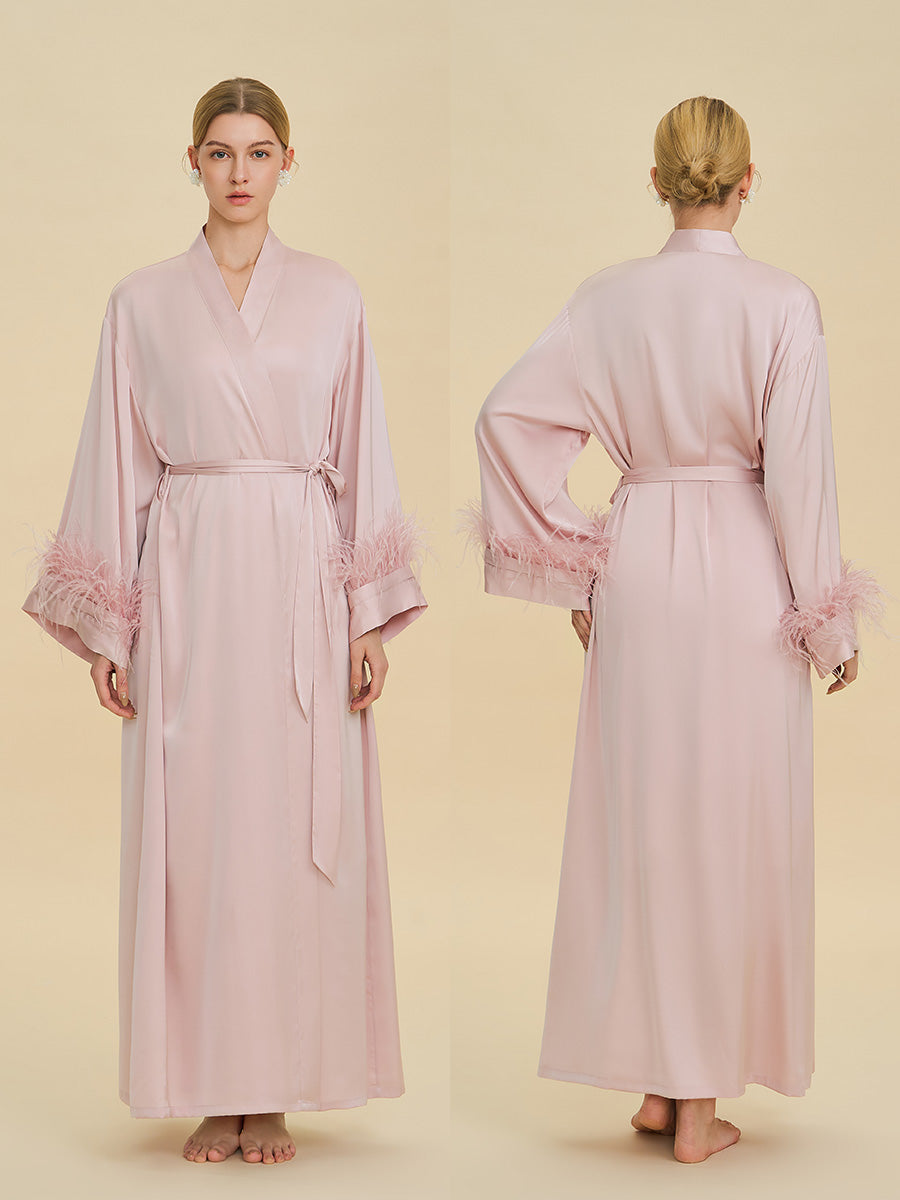 Blush Pink Satin Maxi Robe with Feather Cuffs