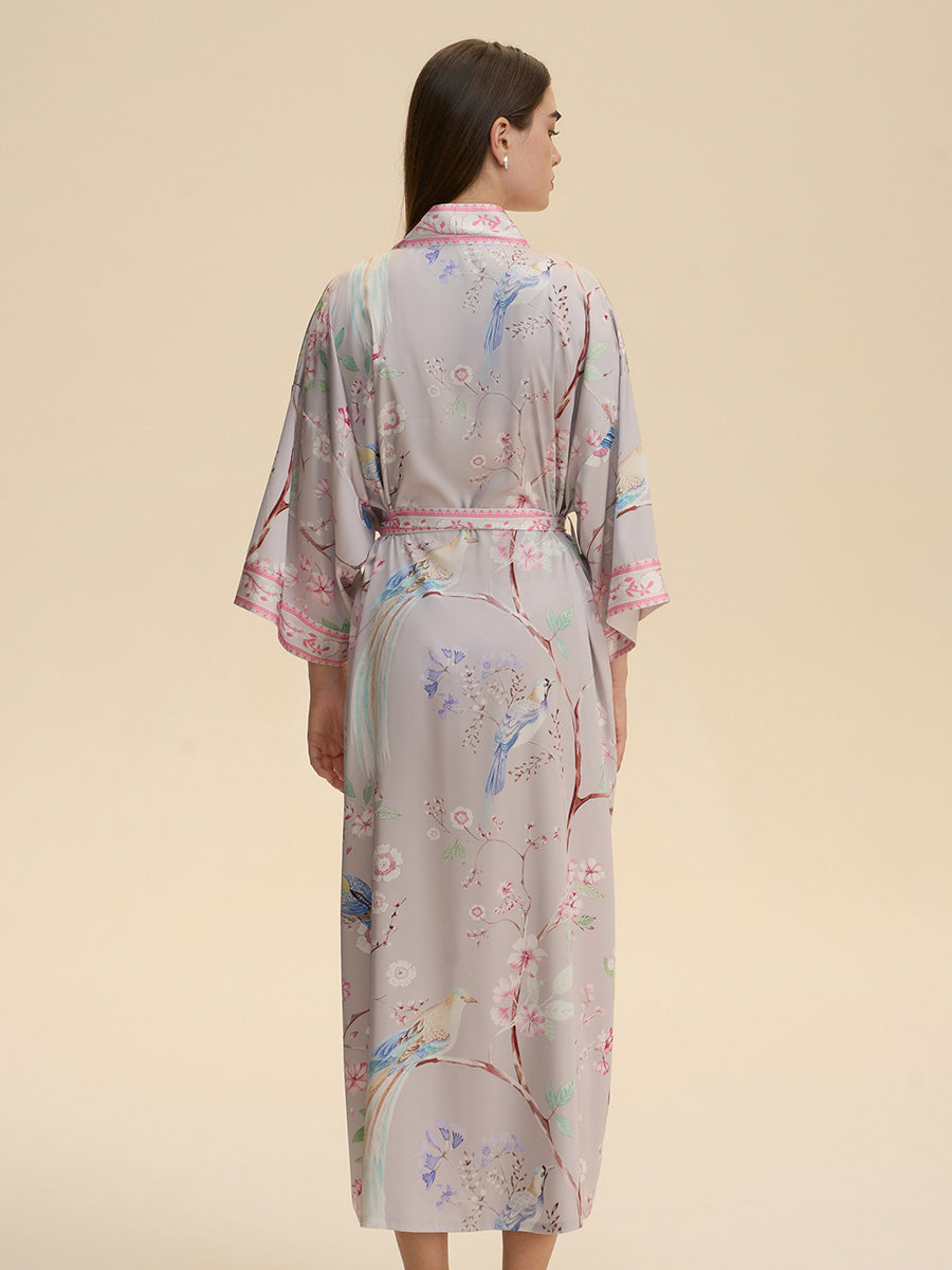 Pastel Bird & Floral Satin Kimono Robe