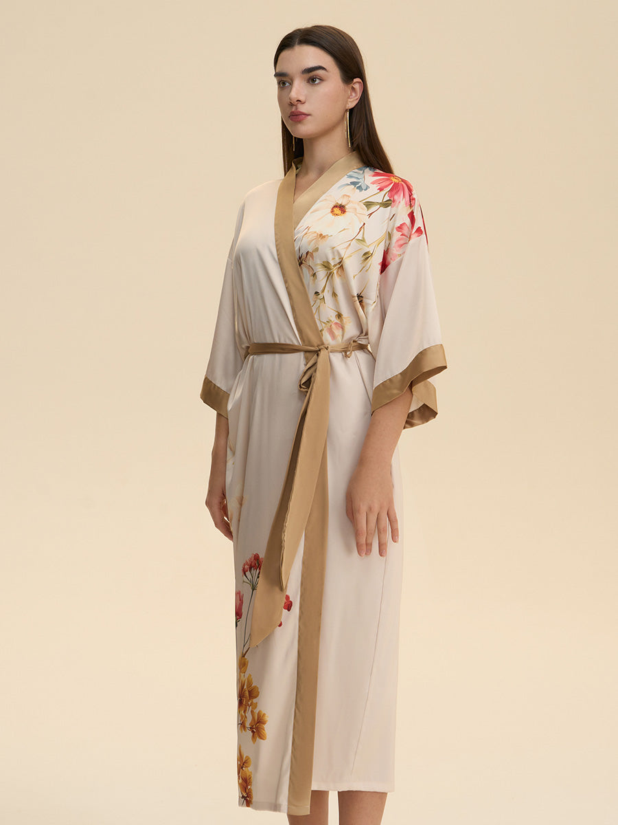 Floral Print Satin Kimono Robe