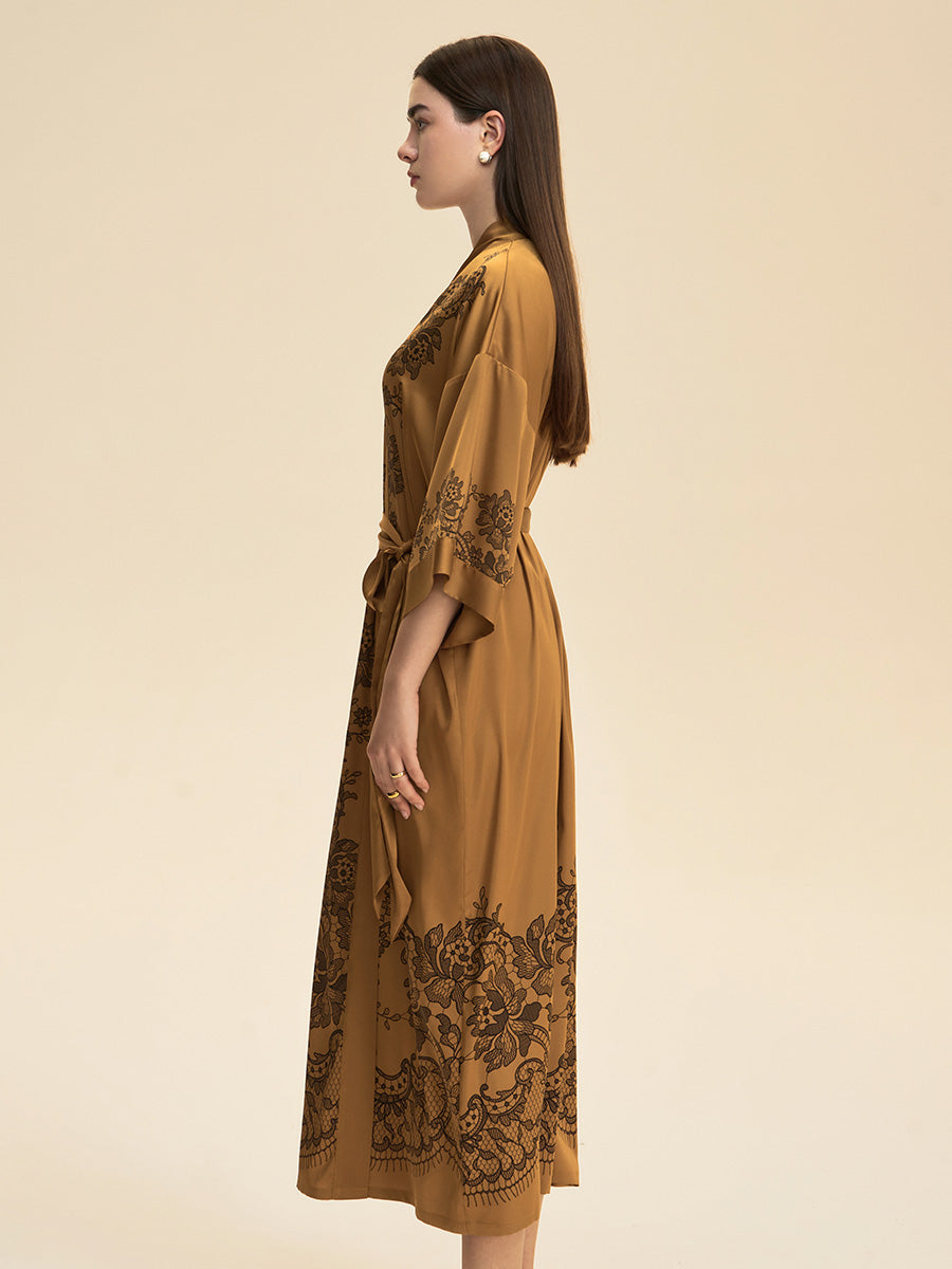 Lace Print Satin Kimono Robe