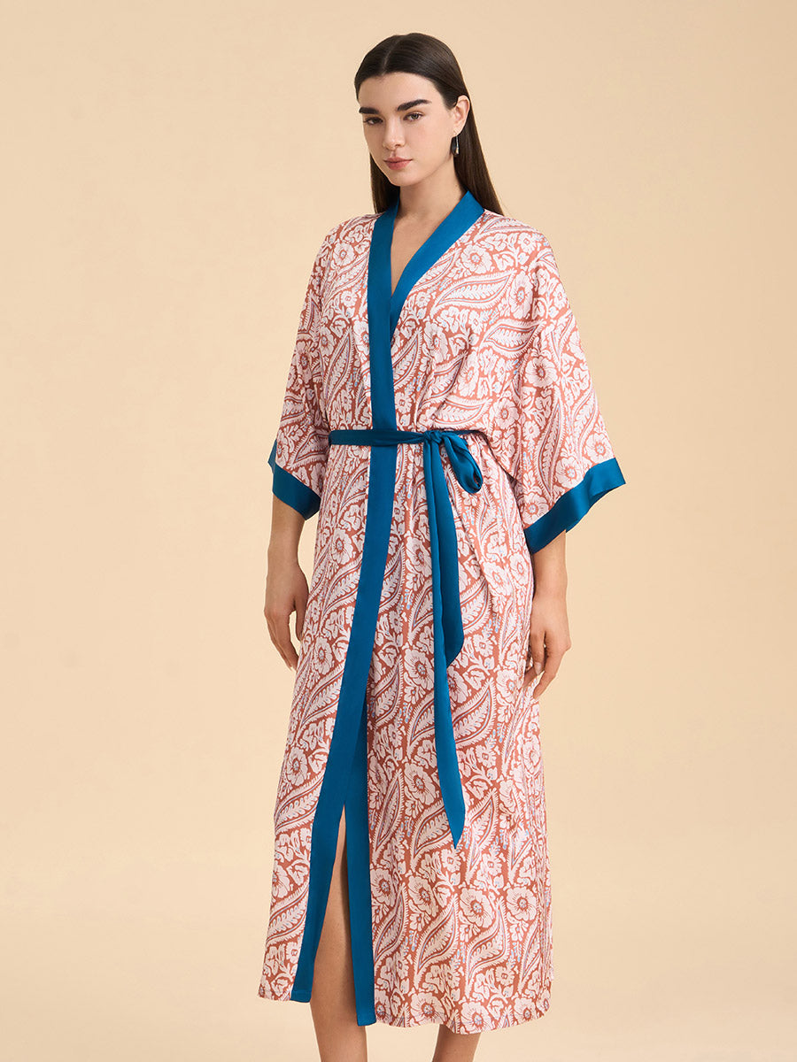 Paisley Contrast Trim Satin Kimono Robe