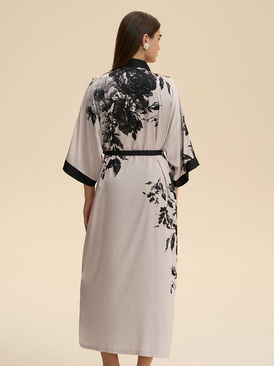 Monochrome Floral Satin Kimono Robe
