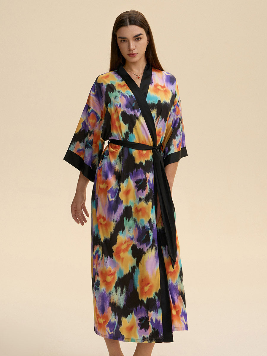 Tie-Dye Floral Satin Kimono Robe