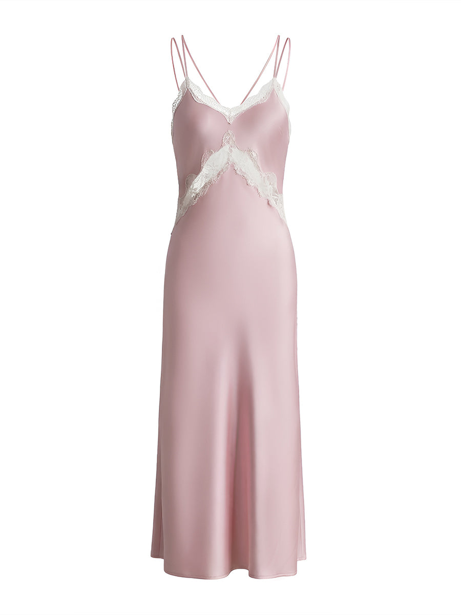Blush Pink Satin Maxi Slip Dress with Lace Trim