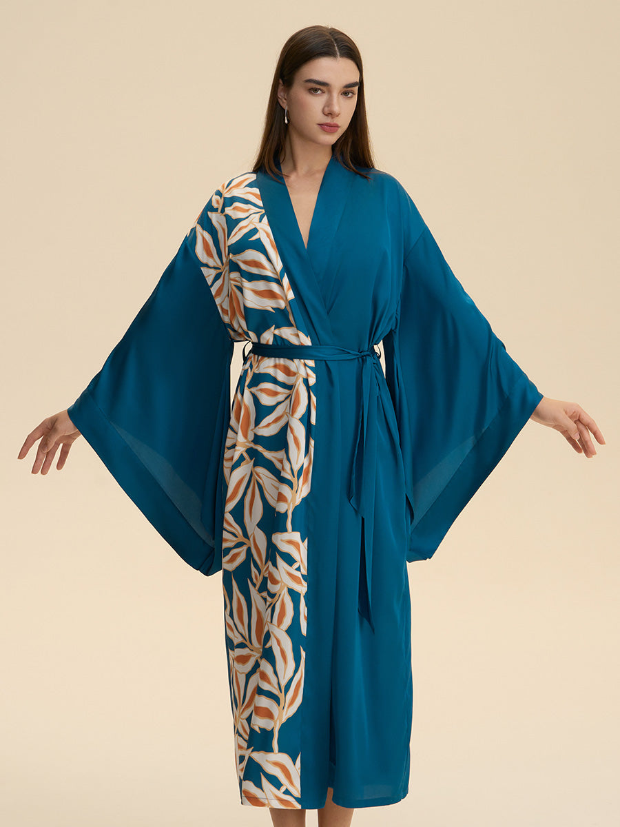 Teal Leaf Print Satin Kimono Robe