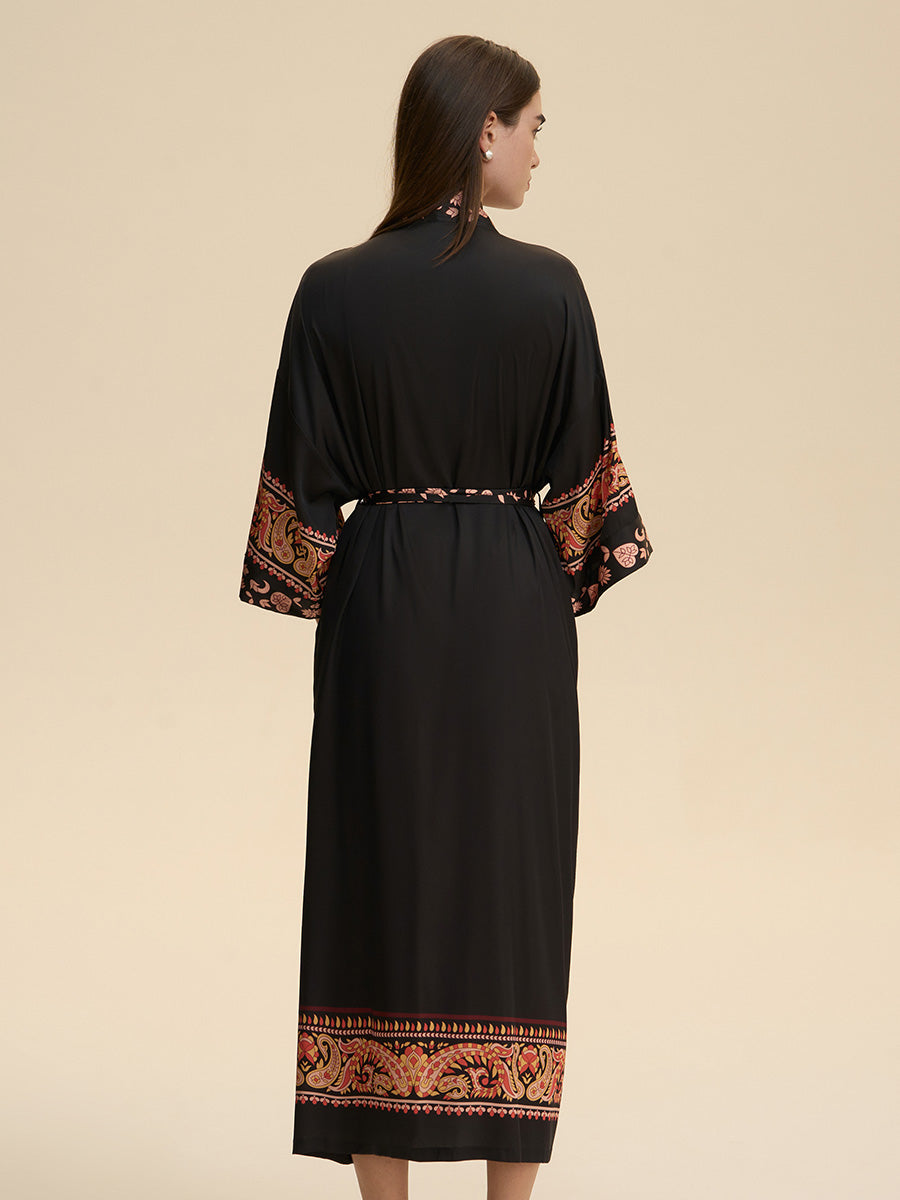 Black Paisley Satin Kimono Robe