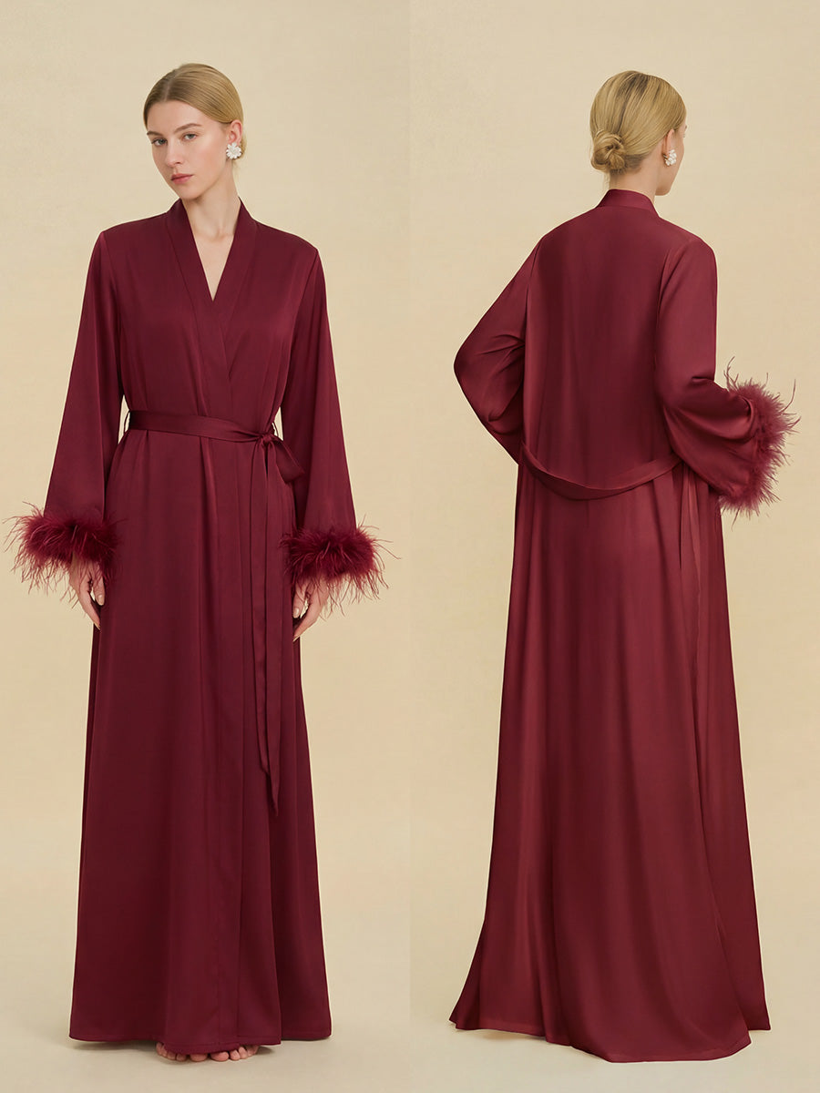 Burgundy Satin Maxi Robe with Feather Cuffs