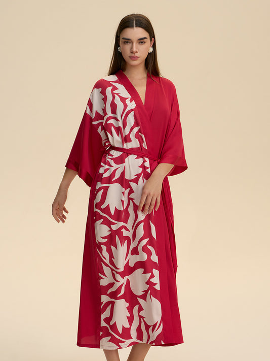 Colorblock Floral Satin Kimono Robe