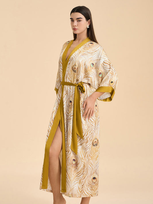 Peacock Feather Satin Kimono Robe