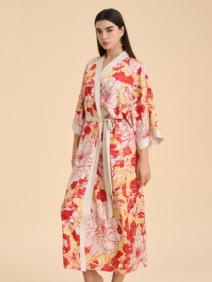 Deconstructed Peony Satin Kimono Robe