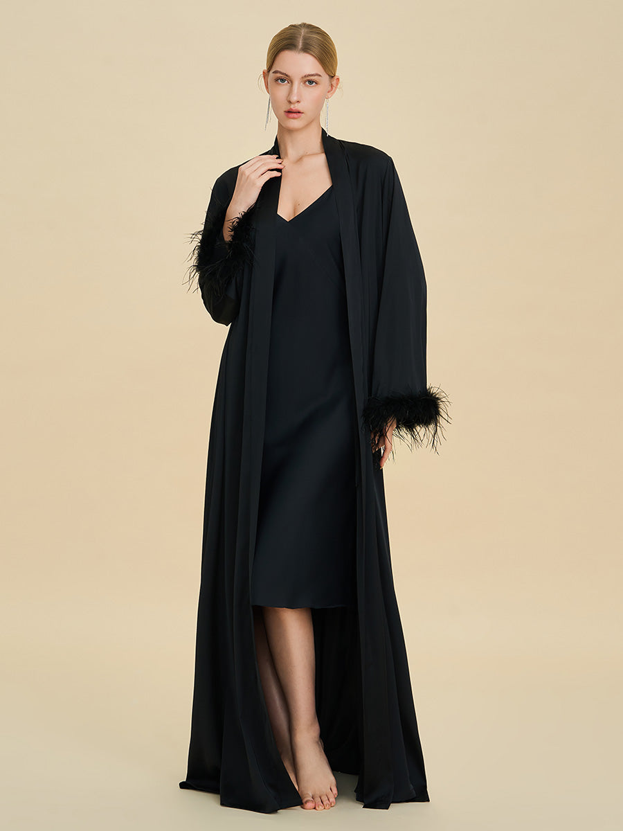 Black Satin Maxi Robe with Feather Cuffs