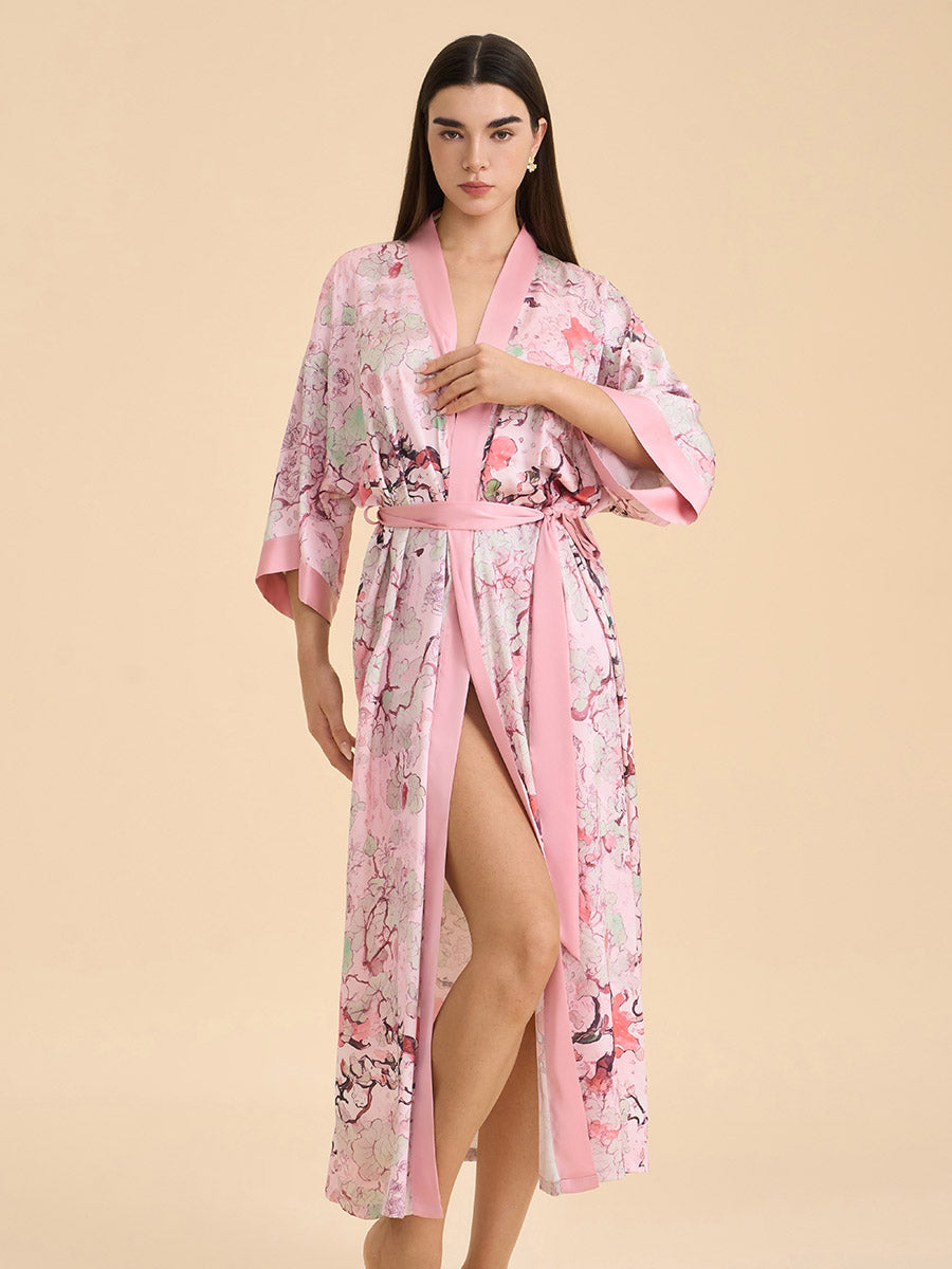 Pink Oriental Vine Satin Kimono Robe