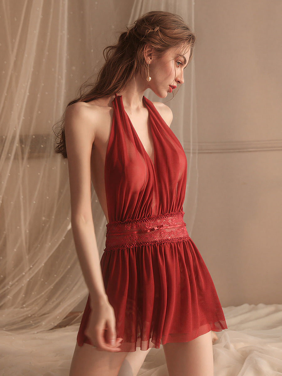 Red Deep V Backless Mesh Lingerie