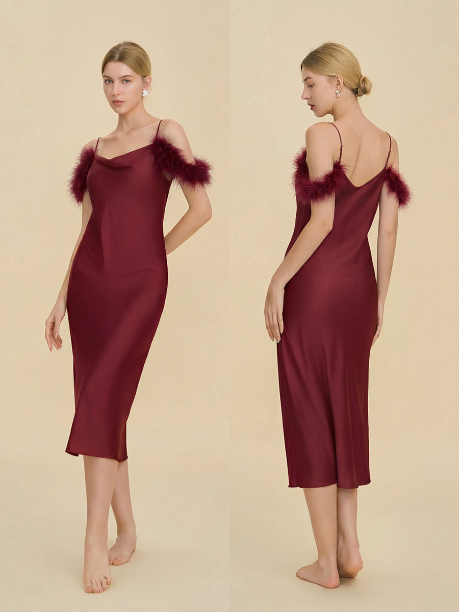 Burgundy Satin Midi Slip Dress with Feather Trim