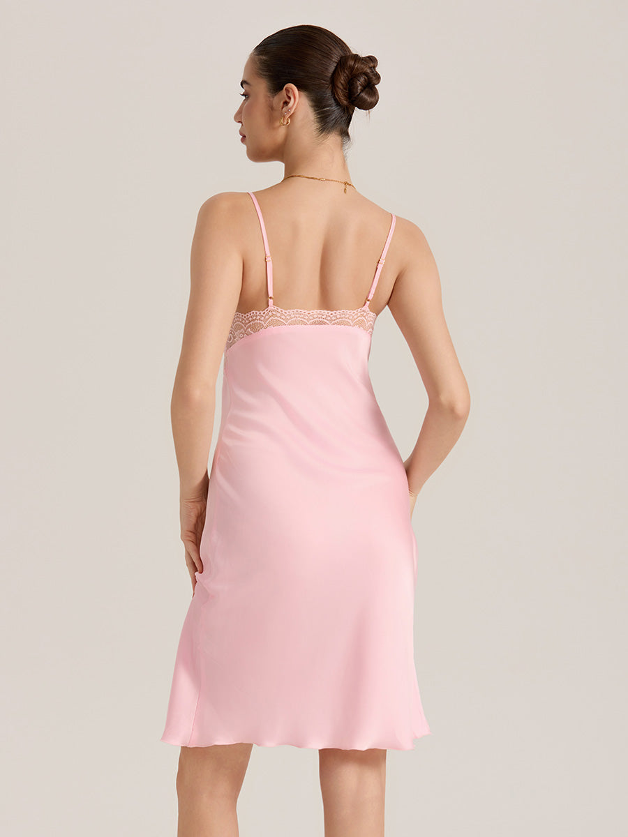 Pink Lace Waist Satin Midi Slip Dress