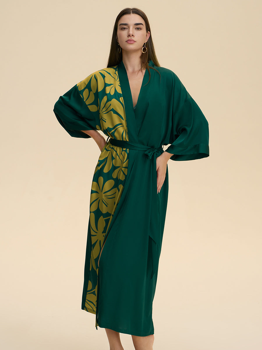 Colorblock Floral Satin Kimono Robe