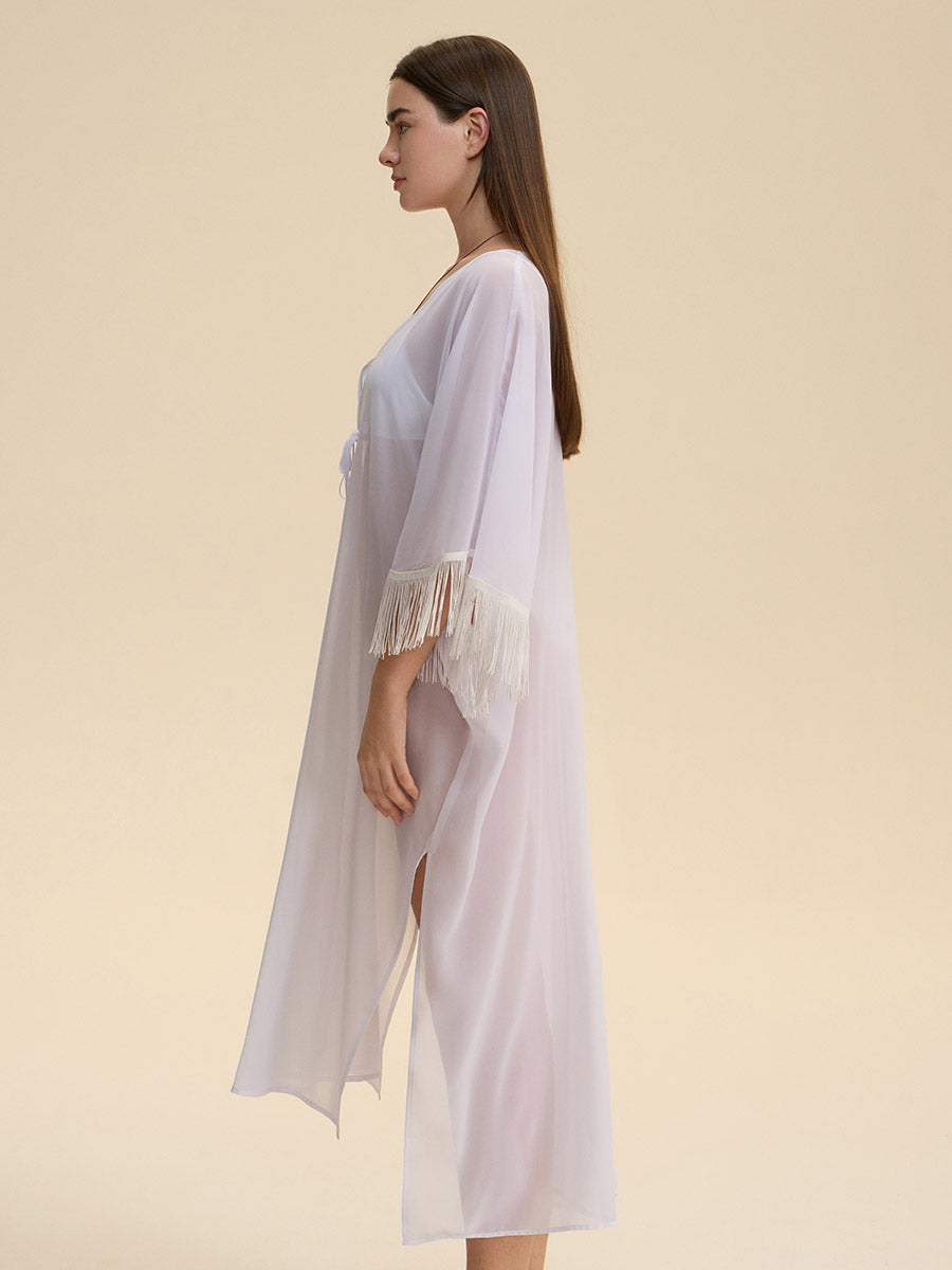 Fringe Trim Sheer Cover-Up Robe