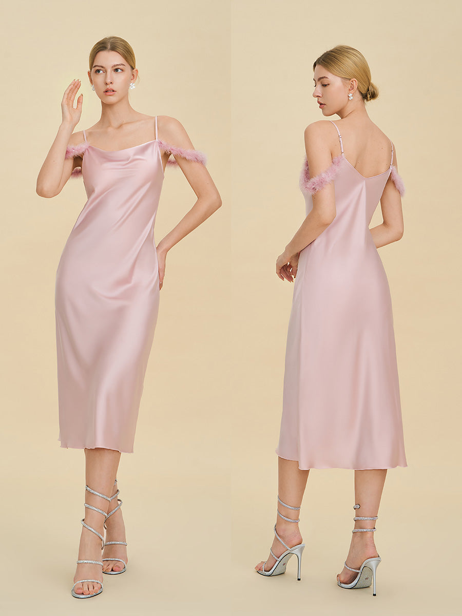 Blush Pink Satin Midi Slip Dress with Feather Trim