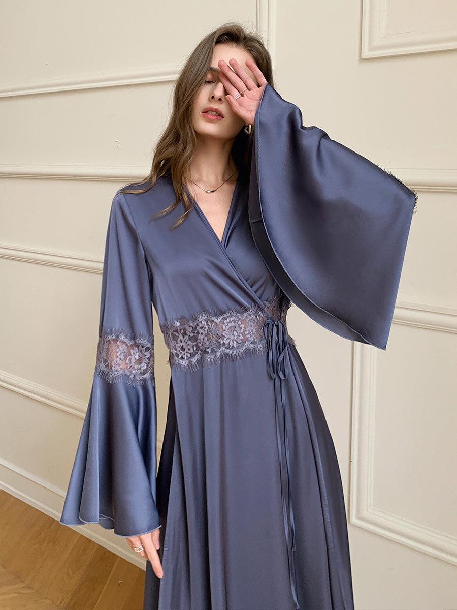 Dusty Blue Satin Chiffon Maxi Robe