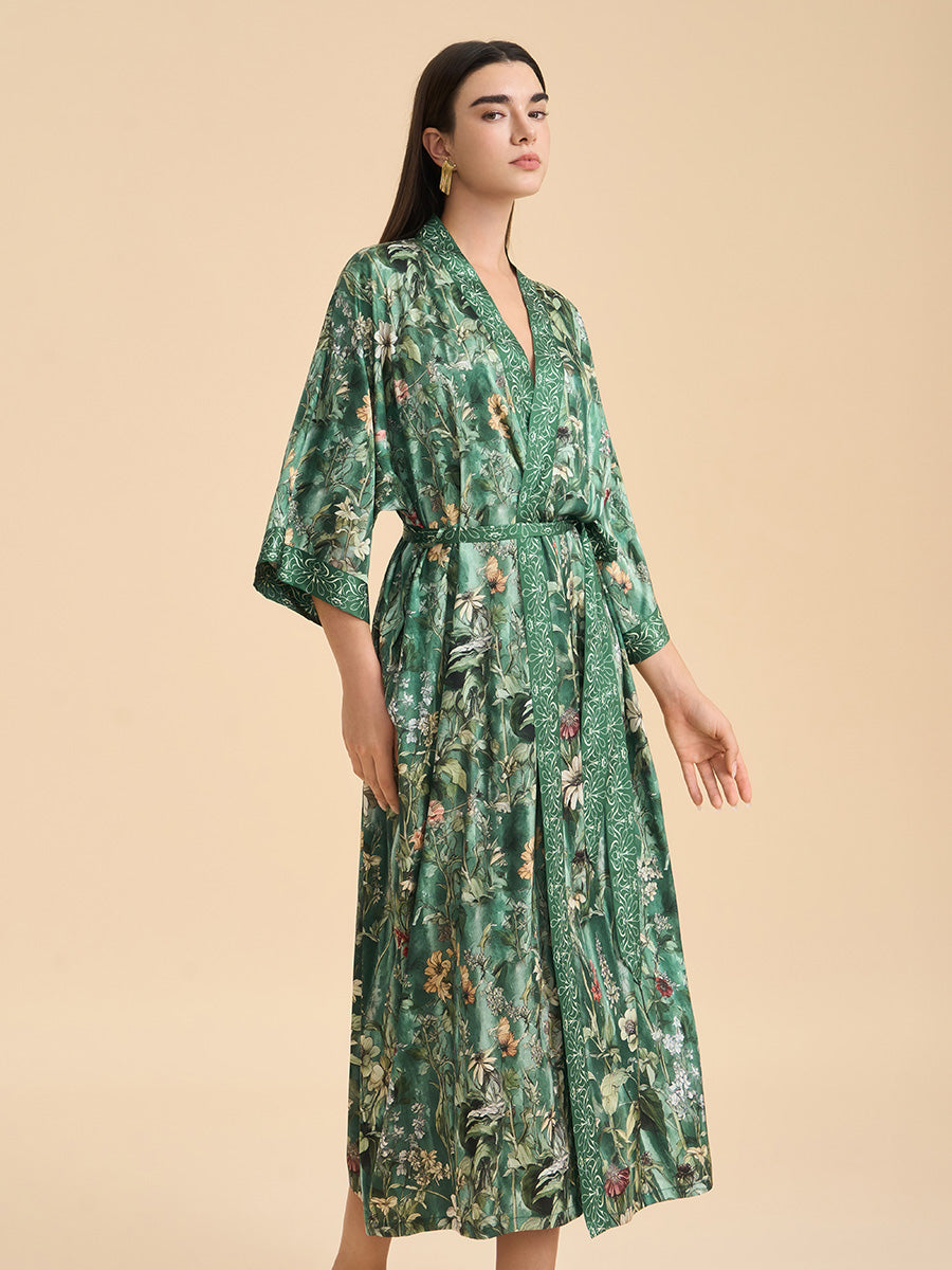 Botanical Print Satin Kimono Robe