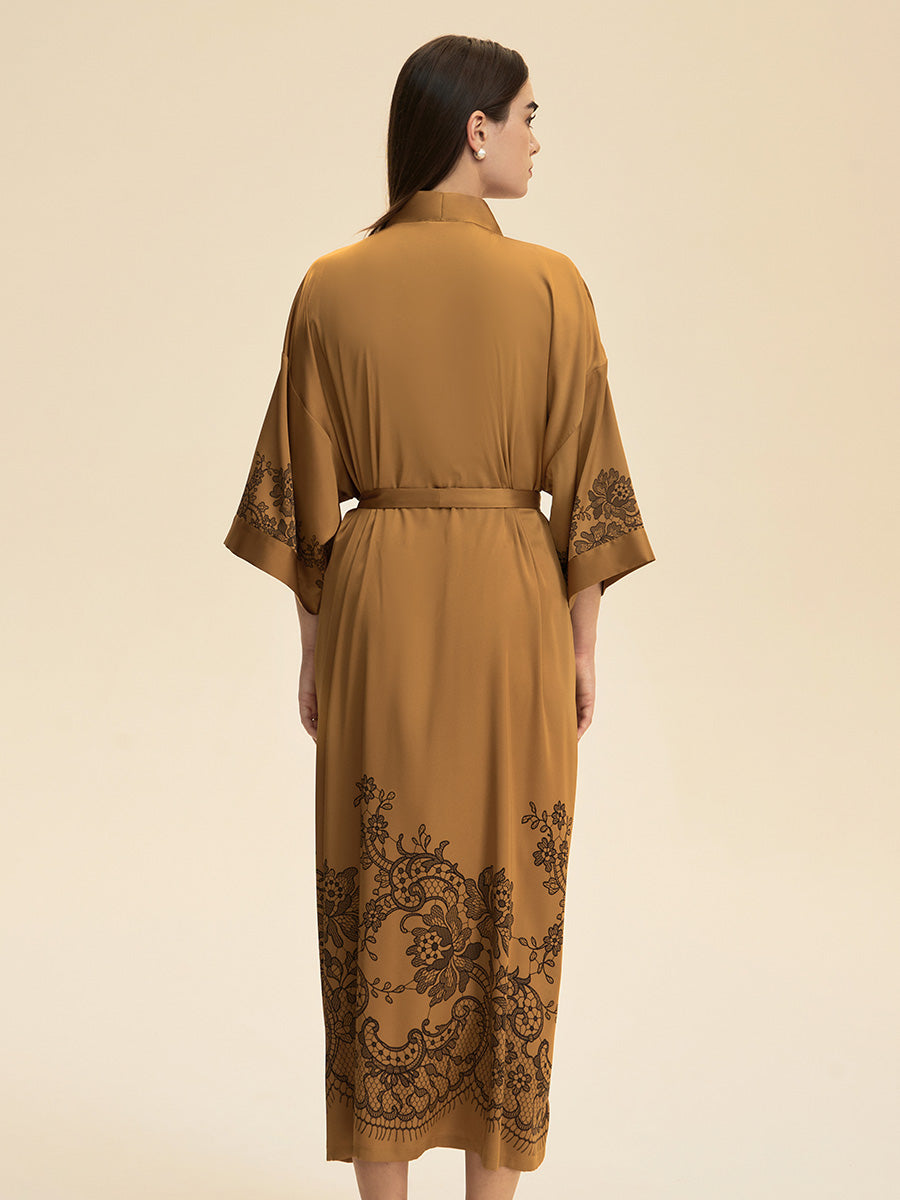 Lace Print Satin Kimono Robe