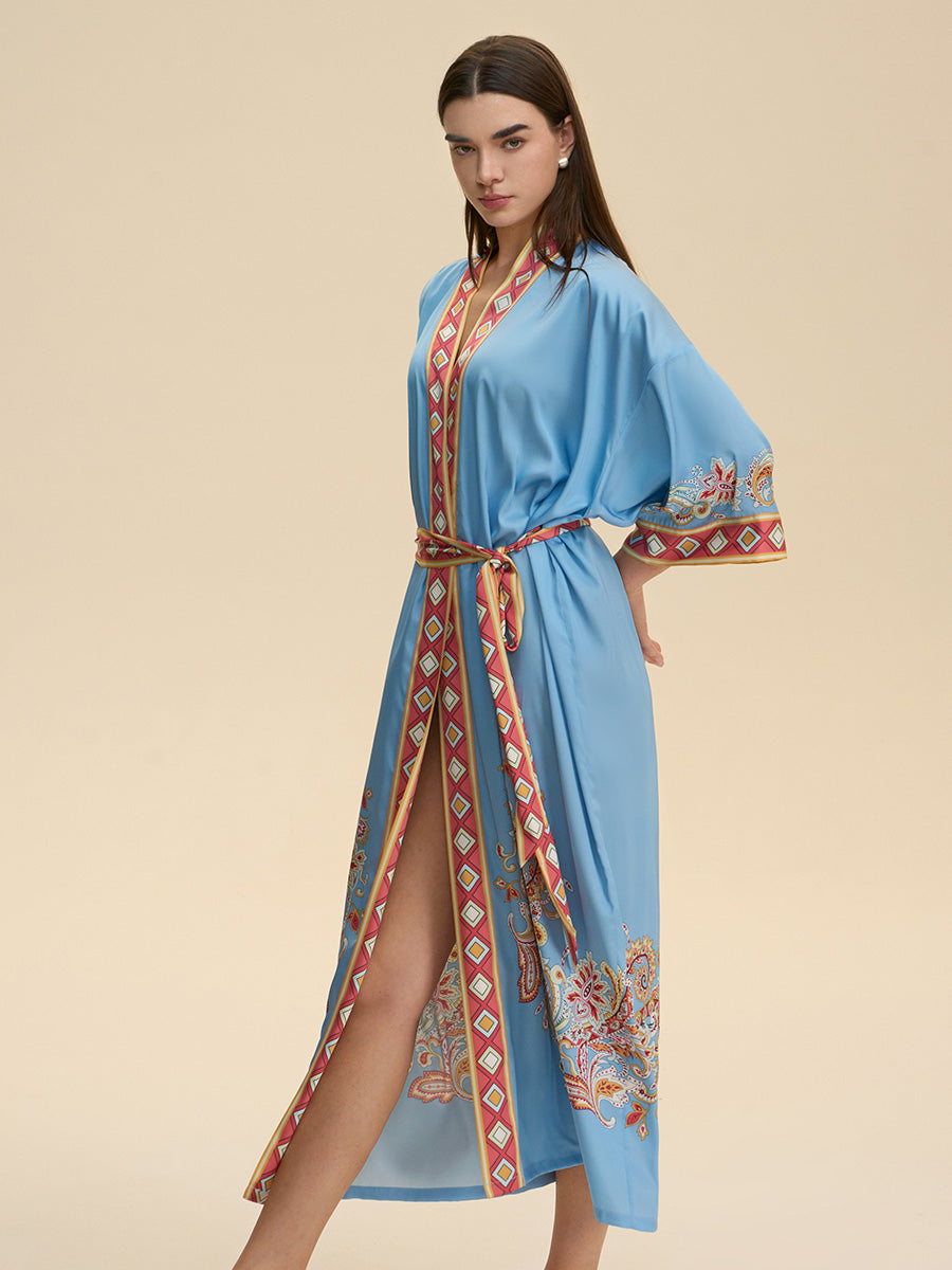 Sky Blue Paisley Satin Kimono Robe